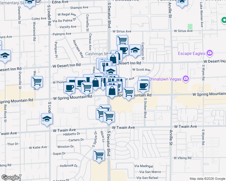 map of restaurants, bars, coffee shops, grocery stores, and more near 3430 South Decatur Boulevard in Las Vegas