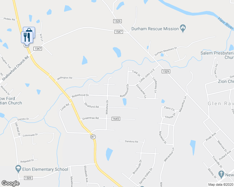 map of restaurants, bars, coffee shops, grocery stores, and more near 1769 Robinhood Drive in Burlington