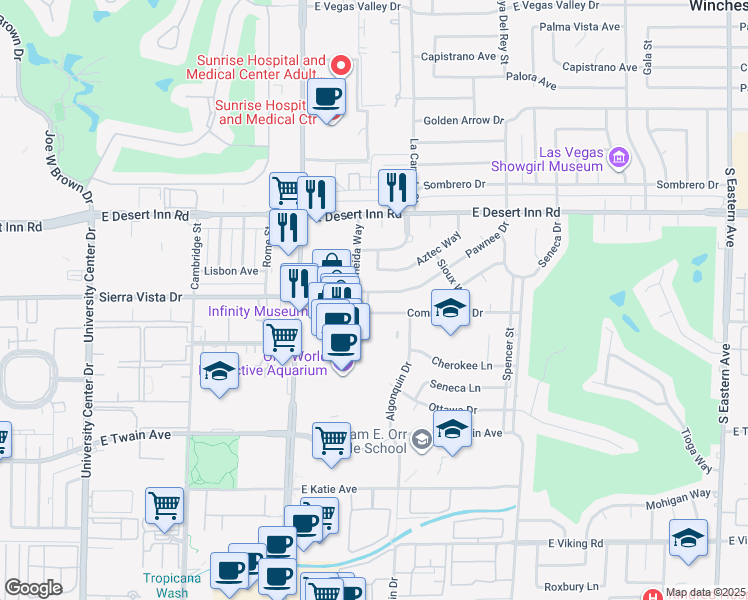 map of restaurants, bars, coffee shops, grocery stores, and more near 1389 Pawnee Drive in Las Vegas