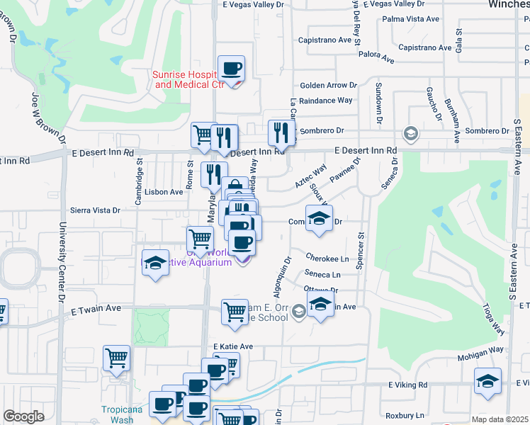 map of restaurants, bars, coffee shops, grocery stores, and more near 1389 Pawnee Drive in Las Vegas