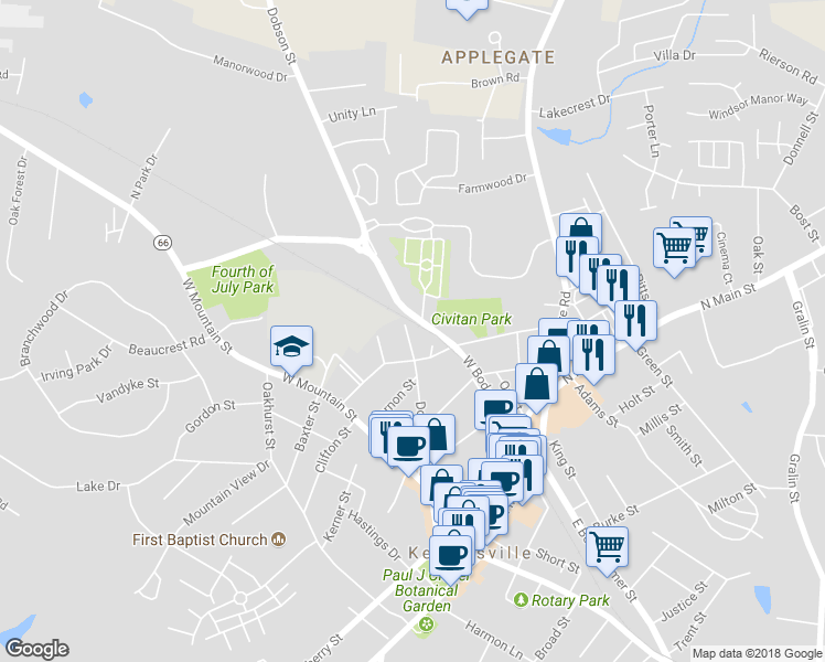 map of restaurants, bars, coffee shops, grocery stores, and more near 412 Dobson Street in Kernersville
