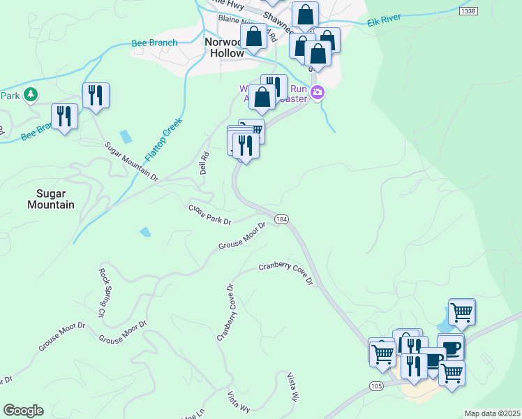 map of restaurants, bars, coffee shops, grocery stores, and more near 1815 Grouse Moor Drive in Sugar Mountain