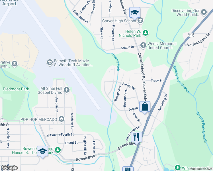 map of restaurants, bars, coffee shops, grocery stores, and more near 3017 Fondly Road in Winston-Salem