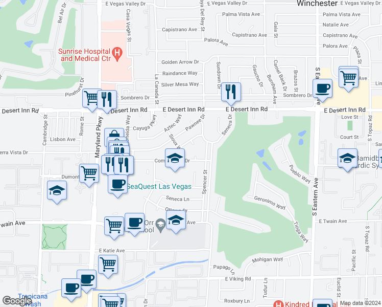 map of restaurants, bars, coffee shops, grocery stores, and more near 1710 Commanche Circle in Las Vegas
