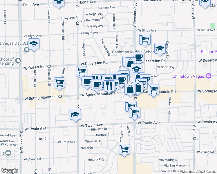 map of restaurants, bars, coffee shops, grocery stores, and more near 5171 West Pioneer Avenue in Las Vegas