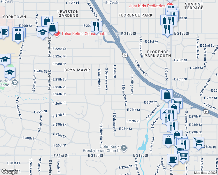 map of restaurants, bars, coffee shops, grocery stores, and more near 2824 East 25th Street in Tulsa