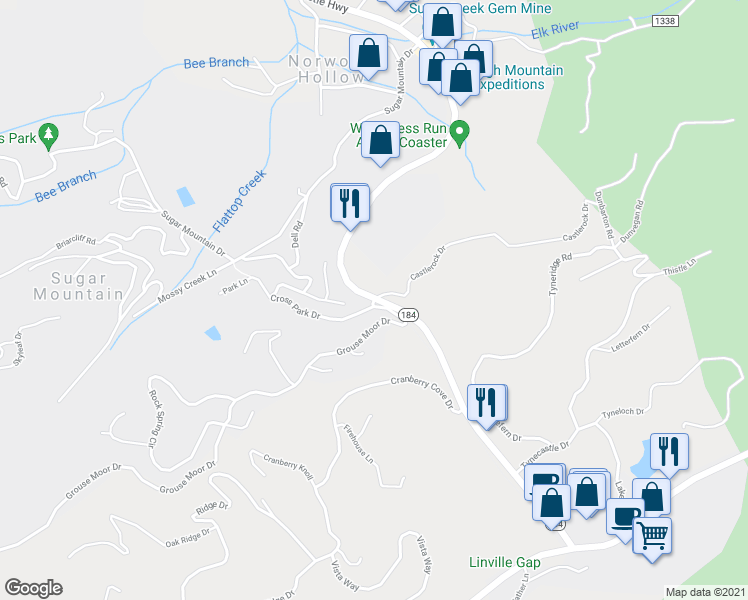 map of restaurants, bars, coffee shops, grocery stores, and more near 1164 Grouse Moor Drive in Sugar Mountain