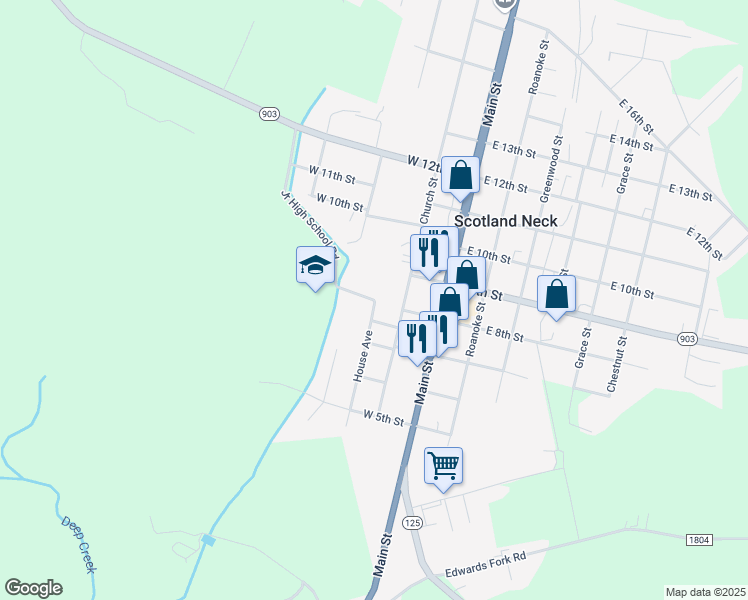 map of restaurants, bars, coffee shops, grocery stores, and more near 901 Junior High School Road in Scotland Neck