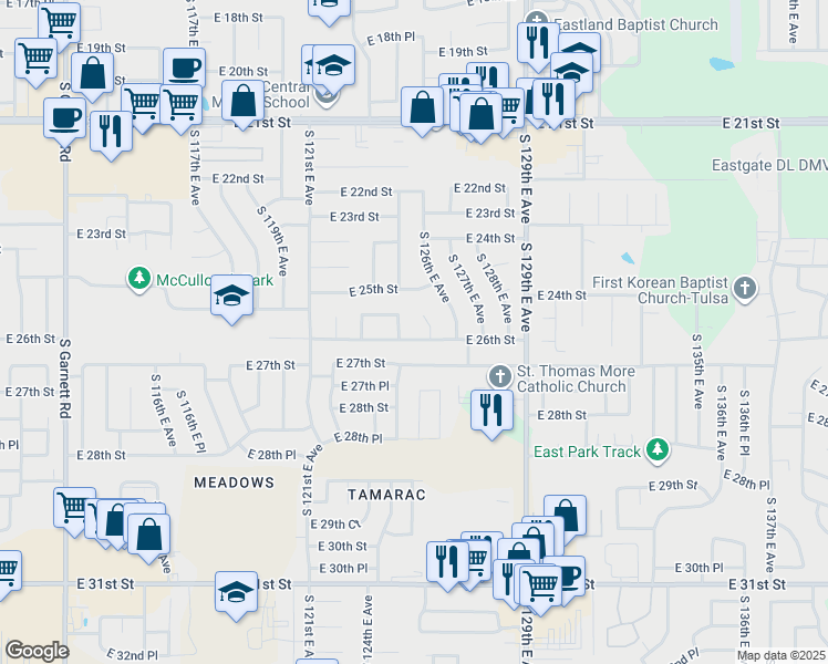 map of restaurants, bars, coffee shops, grocery stores, and more near 12485 East 26th Street in Tulsa