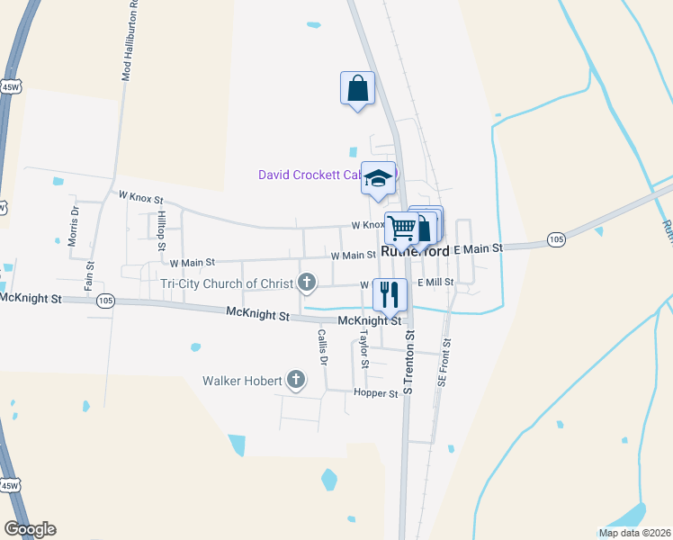 map of restaurants, bars, coffee shops, grocery stores, and more near 320 West Main Street in Rutherford