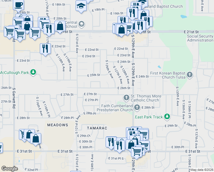 map of restaurants, bars, coffee shops, grocery stores, and more near 2526 South 126th East Avenue in Tulsa