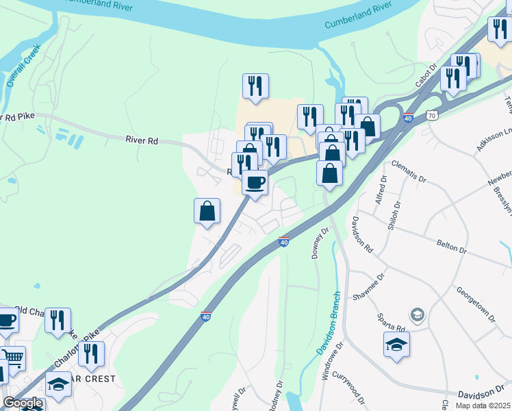 map of restaurants, bars, coffee shops, grocery stores, and more near 7113 Charlotte Pike in Nashville