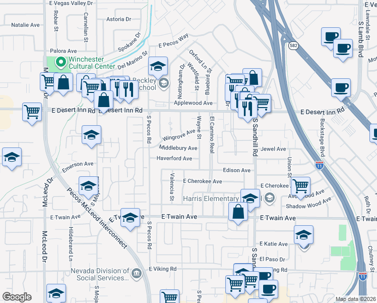 map of restaurants, bars, coffee shops, grocery stores, and more near 3536 Middlebury Avenue in Las Vegas