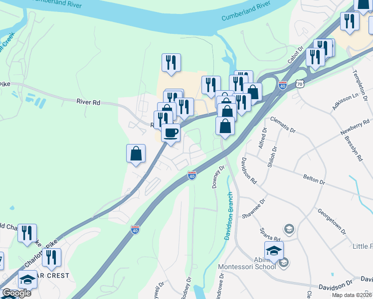 map of restaurants, bars, coffee shops, grocery stores, and more near 7113 Charlotte Pike in Nashville