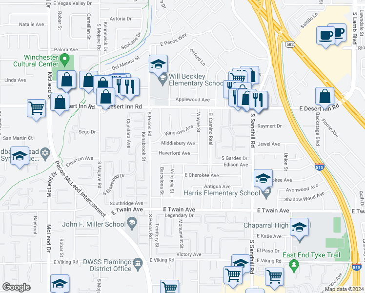 map of restaurants, bars, coffee shops, grocery stores, and more near 3535 Middlebury Avenue in Las Vegas
