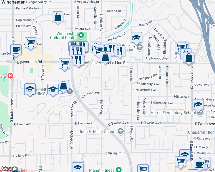 map of restaurants, bars, coffee shops, grocery stores, and more near 3466 Lorilou Lane in Las Vegas