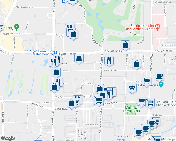 map of restaurants, bars, coffee shops, grocery stores, and more near 589 Sierra Vista Drive in Las Vegas