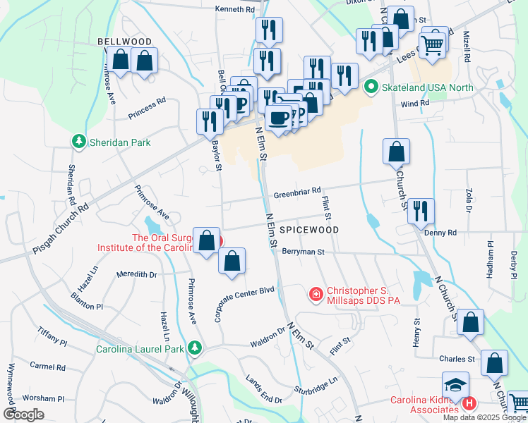 map of restaurants, bars, coffee shops, grocery stores, and more near in Greensboro