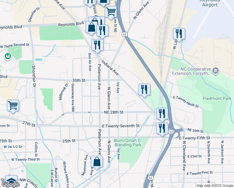 map of restaurants, bars, coffee shops, grocery stores, and more near 2918 Ivy Avenue in Winston-Salem