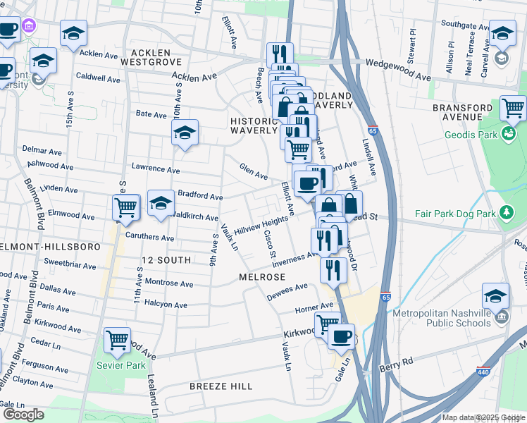 map of restaurants, bars, coffee shops, grocery stores, and more near 2214 Knowles Avenue in Nashville