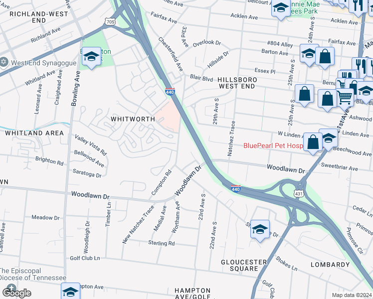 map of restaurants, bars, coffee shops, grocery stores, and more near 2726 Linmar Avenue in Nashville
