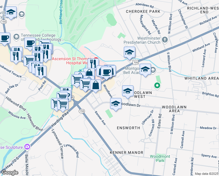 map of restaurants, bars, coffee shops, grocery stores, and more near 4231 U.S. 70S in Nashville