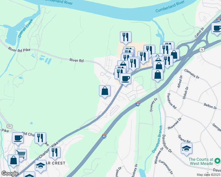 map of restaurants, bars, coffee shops, grocery stores, and more near 7116 Charlotte Pike in Nashville