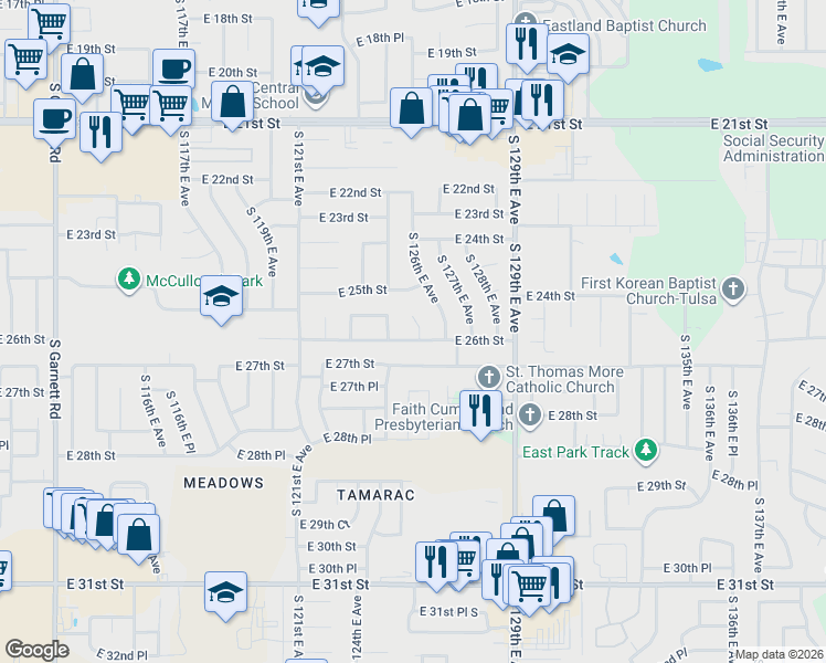 map of restaurants, bars, coffee shops, grocery stores, and more near 2526 South 126th East Avenue in Tulsa