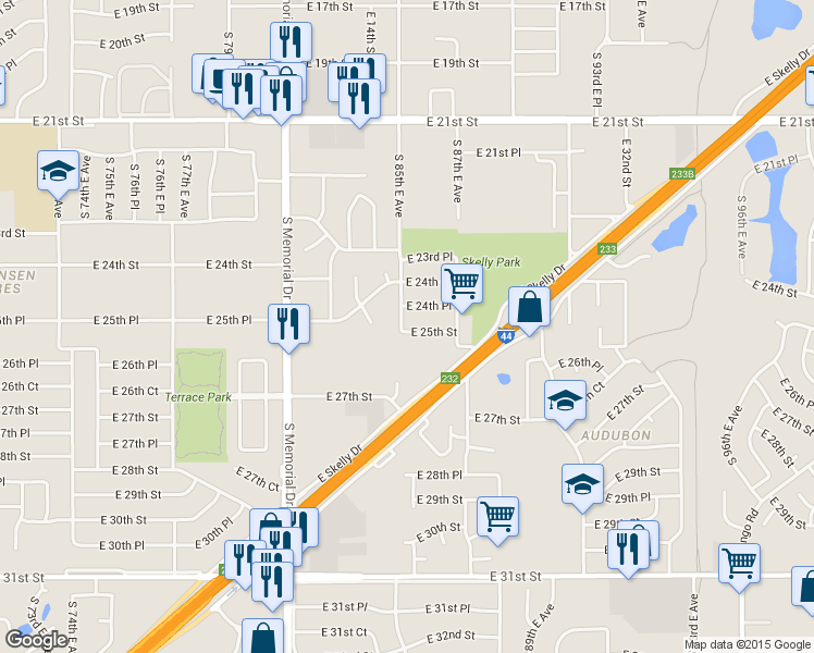 map of restaurants, bars, coffee shops, grocery stores, and more near 8516 East 24th Place in Tulsa