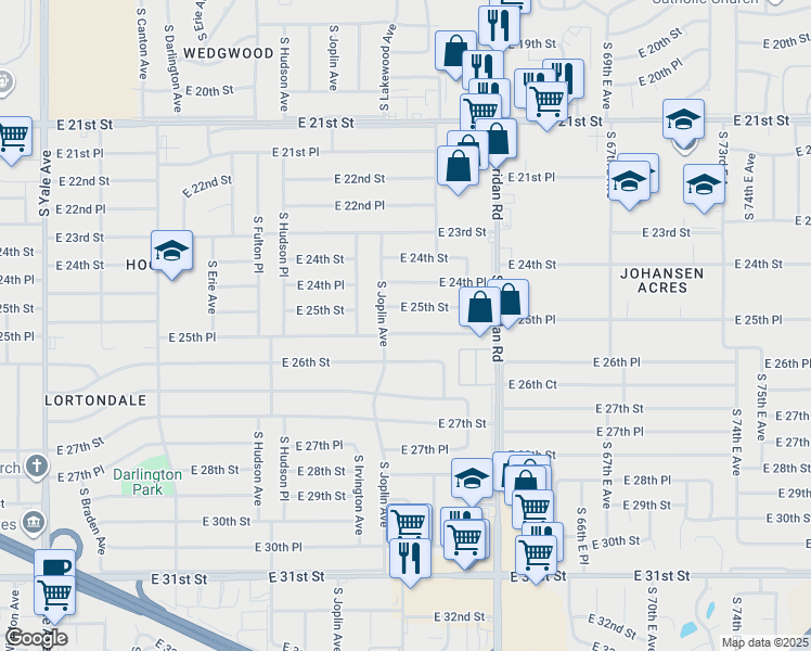 map of restaurants, bars, coffee shops, grocery stores, and more near 5914 East 25th Street in Tulsa