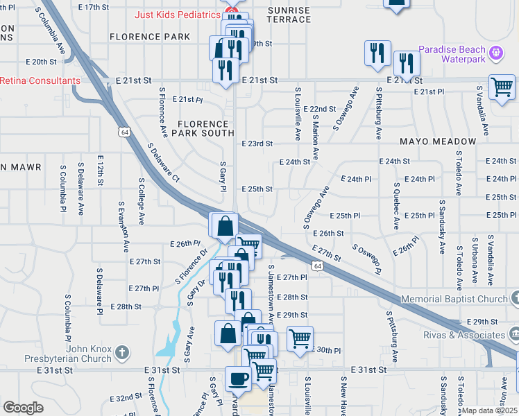 map of restaurants, bars, coffee shops, grocery stores, and more near 3342 East 25th Street in Tulsa