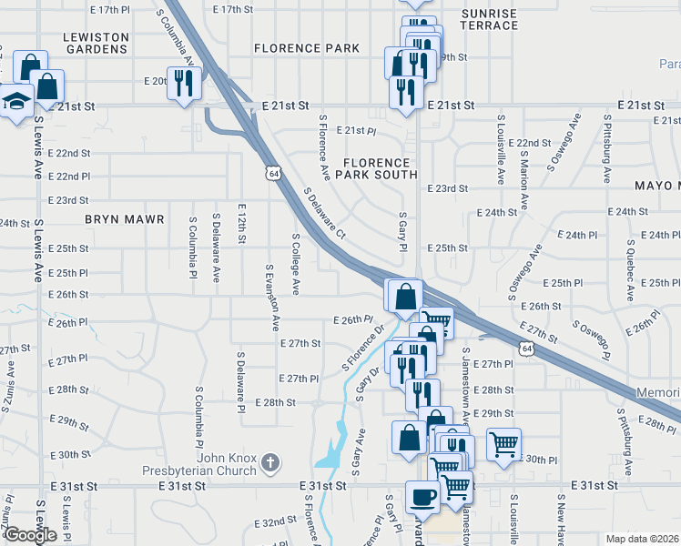 map of restaurants, bars, coffee shops, grocery stores, and more near 2515 South Florence Avenue in Tulsa