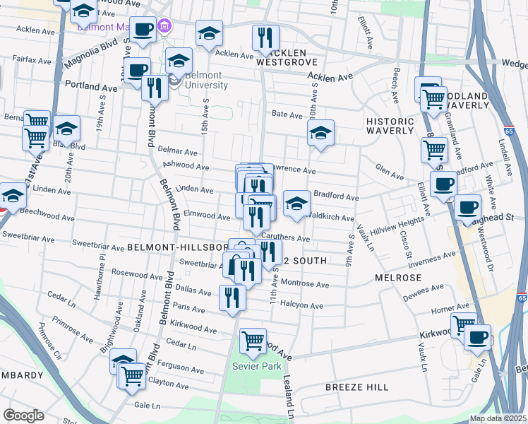 map of restaurants, bars, coffee shops, grocery stores, and more near 2220 12th Avenue South in Nashville