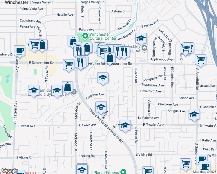 map of restaurants, bars, coffee shops, grocery stores, and more near 3465 Lorilou Lane in Las Vegas