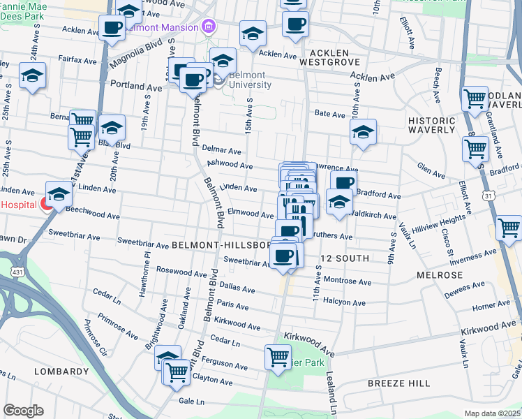 map of restaurants, bars, coffee shops, grocery stores, and more near 2310 12th Avenue South in Nashville