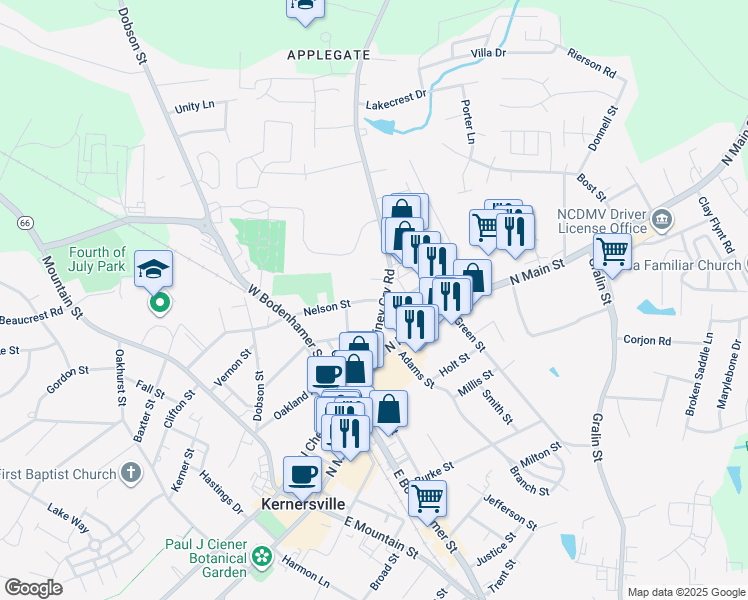 map of restaurants, bars, coffee shops, grocery stores, and more near 433 Nelson Street in Kernersville