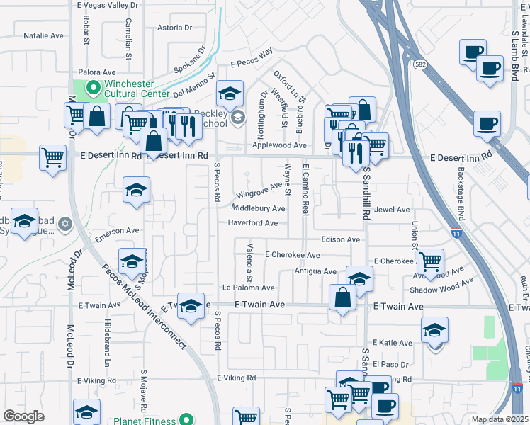 map of restaurants, bars, coffee shops, grocery stores, and more near 3535 Middlebury Avenue in Las Vegas