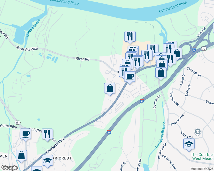 map of restaurants, bars, coffee shops, grocery stores, and more near 7116 Charlotte Pike in Nashville