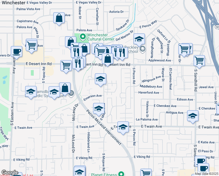 map of restaurants, bars, coffee shops, grocery stores, and more near 3466 Lorilou Lane in Las Vegas