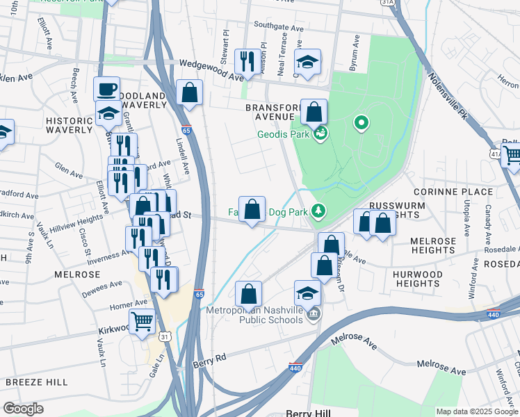 map of restaurants, bars, coffee shops, grocery stores, and more near 62 Oceanside Drive in Nashville
