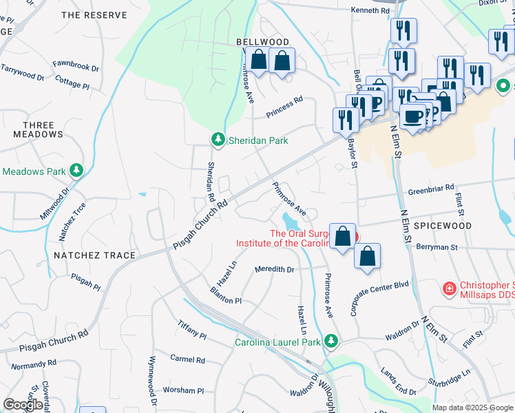 map of restaurants, bars, coffee shops, grocery stores, and more near 18 Park Village Lane in Greensboro