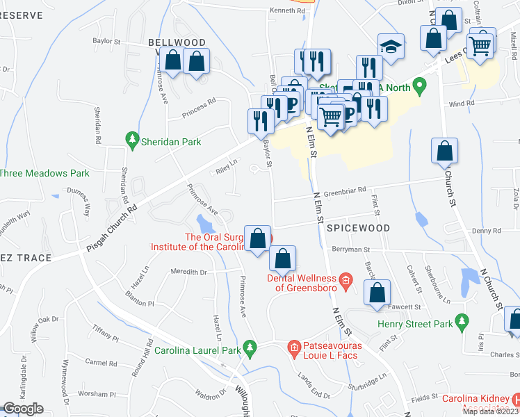 map of restaurants, bars, coffee shops, grocery stores, and more near 3807 Baylor Street in Greensboro