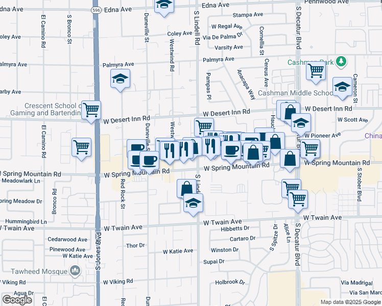 map of restaurants, bars, coffee shops, grocery stores, and more near 6000 West Oakey Boulevard in Las Vegas