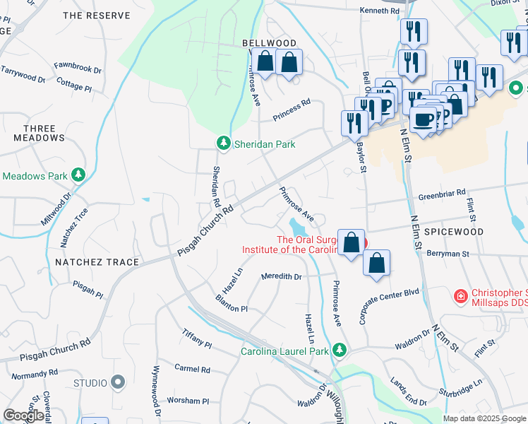 map of restaurants, bars, coffee shops, grocery stores, and more near 18 Park Village Lane in Greensboro