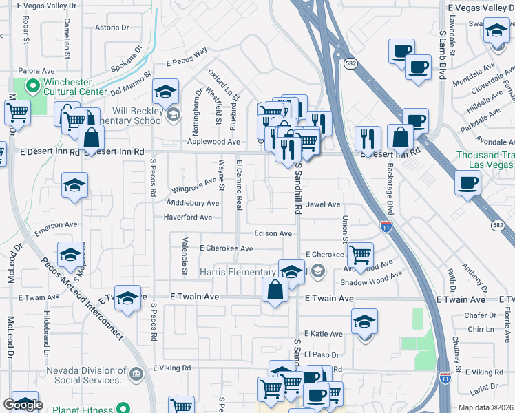 map of restaurants, bars, coffee shops, grocery stores, and more near 3429 Townhouse Drive in Las Vegas