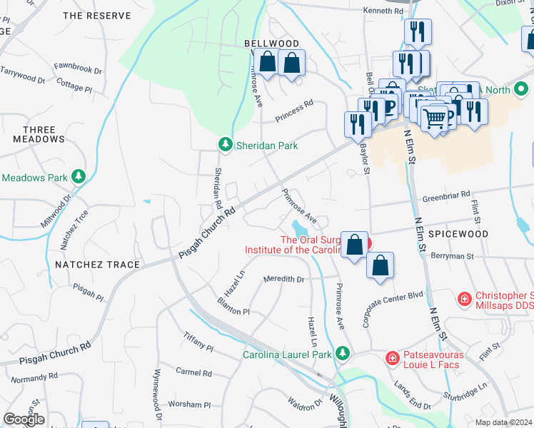 map of restaurants, bars, coffee shops, grocery stores, and more near 18 Park Village Lane in Greensboro