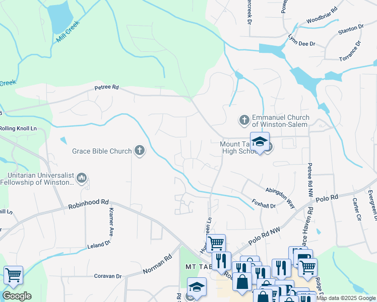 map of restaurants, bars, coffee shops, grocery stores, and more near 3961 Valley Court in Winston-Salem