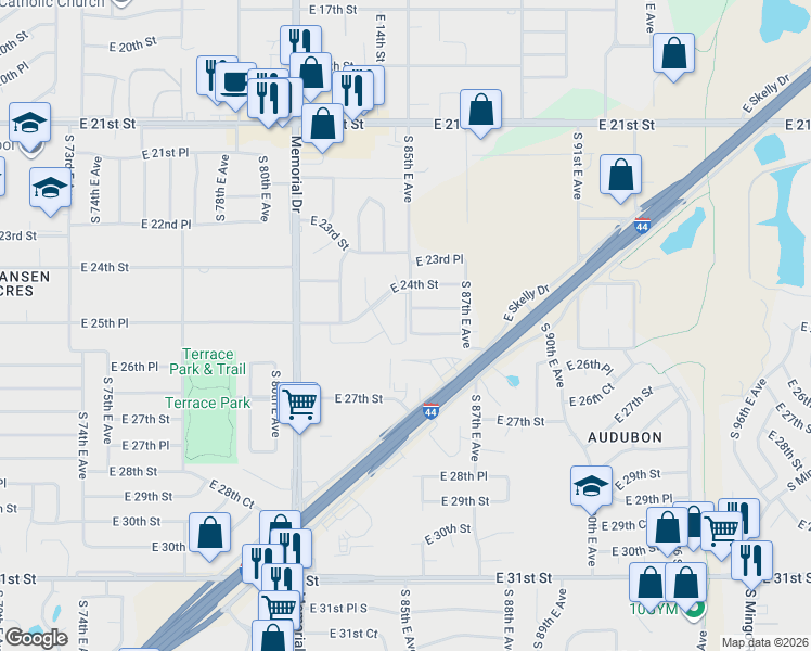 map of restaurants, bars, coffee shops, grocery stores, and more near 2414 South 85th East Avenue in Tulsa