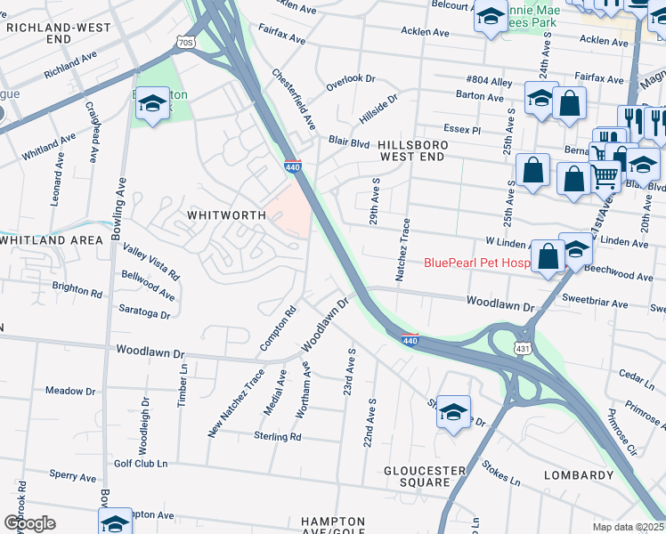 map of restaurants, bars, coffee shops, grocery stores, and more near 2726 Linmar Avenue in Nashville