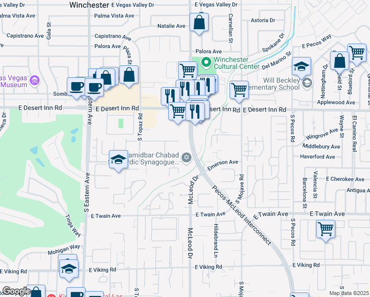 map of restaurants, bars, coffee shops, grocery stores, and more near 3455 Pecos-McLeod Interconnect in Las Vegas